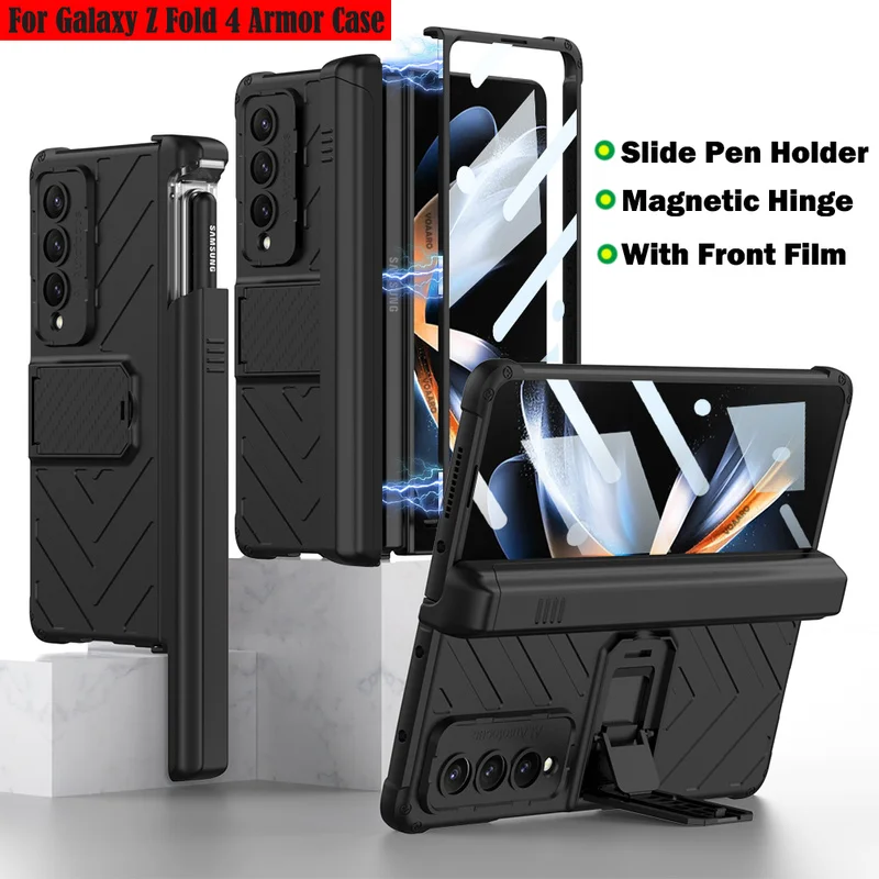 

For Samsung Galaxy Z Fold 4 Magnetic Hinge Case Slide hidden Pen Slot Bracket Stand for Samsung Z Fold 4 Front Film Armor Case