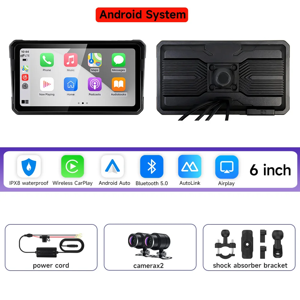 

6-дюймовый Carplay Мотоцикл Android Система DVR Навигация GPS Беспроводной CarPlay Android Auto IPX8 Портативный экран Airplay