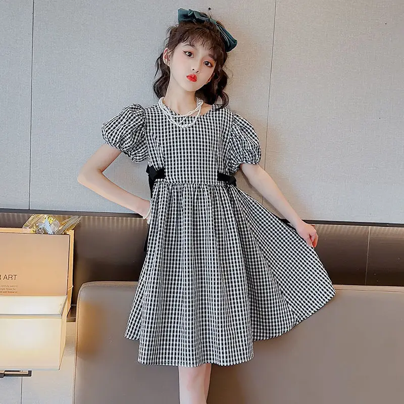 

Женское клетчатое платье с коротким рукавом, черное ТРАПЕЦИЕВИДНОЕ платье принцессы с открытой спиной, одежда для девочек-подростков, платья для малышей 6