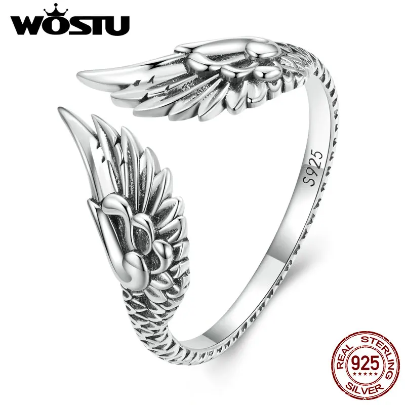 

WOSTU 925 Sterling Silver Vintage Wing Opening Ring Oxidized Silver Finger Ring Original Fine Jewelry Gift for Women 0.2cm