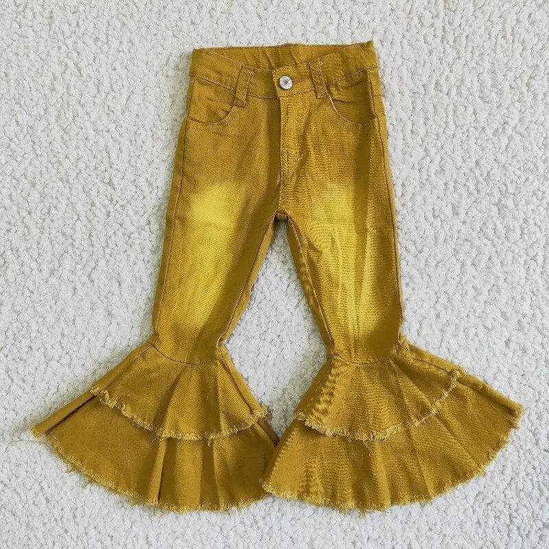 

Джинсы RTS boutique для девочек, осенне-зимняя детская одежда, желтые джинсовые брюки, двухслойные штаны на пуговицах с колокольчиками, оптовая п...