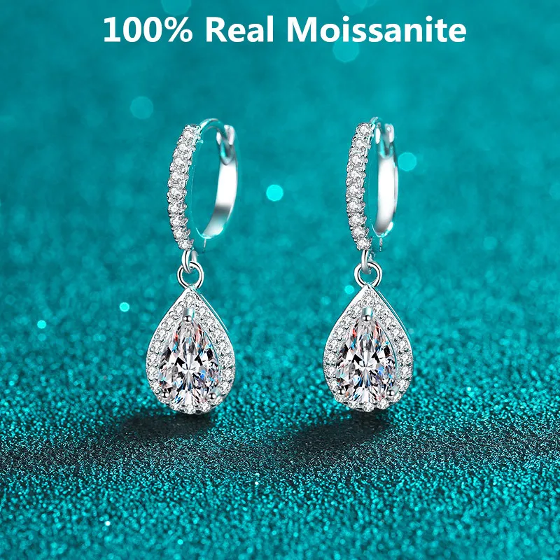 

2ct Fancy Cut Moissanite Hoop Earrings for Women VVS1 Pear Diamond Halo Drop Earrings Sterling Silver Bridal Wedding Jewelry