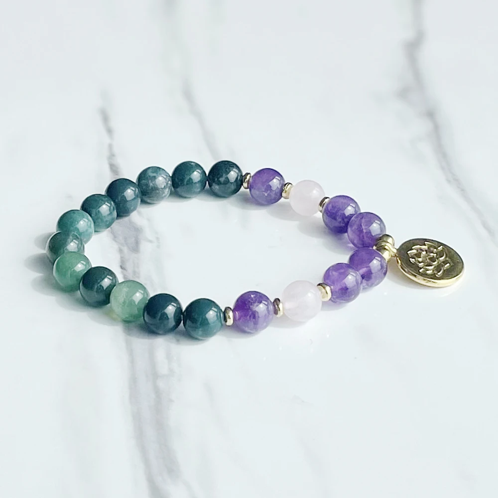 Новый дизайн Ruberthen 8 мм Искусственный мох женский браслет из розового кварца