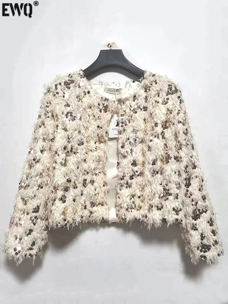 

Женская короткая куртка с блестящими блестками [EWQ], однобортная куртка с круглым вырезом и длинным рукавом, с бахромой, верхняя одежда, осень-зима 2023, 16U6636