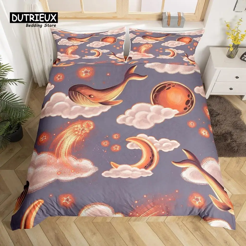 Cute Whale Duvet Cover Set Starry Sky Star Moon Comforter Microfiber Cartoon Animals Bedding King Size for Boys Girls