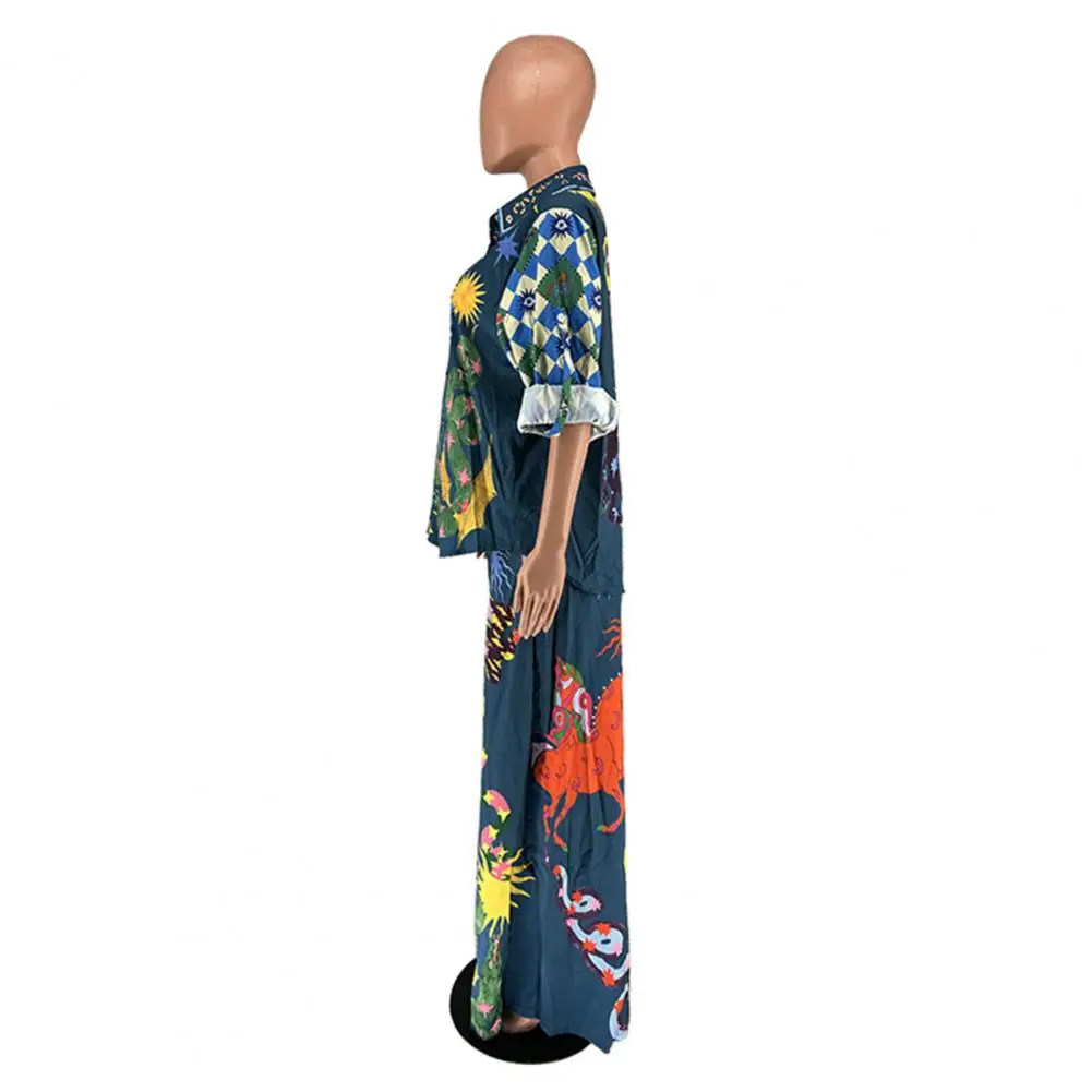

Comfortable Women Shirt Pants Set Charming Women's Cartoon Print Outfit Lapel Shirt High Waist Wide Leg Pants Set Casual Stylish