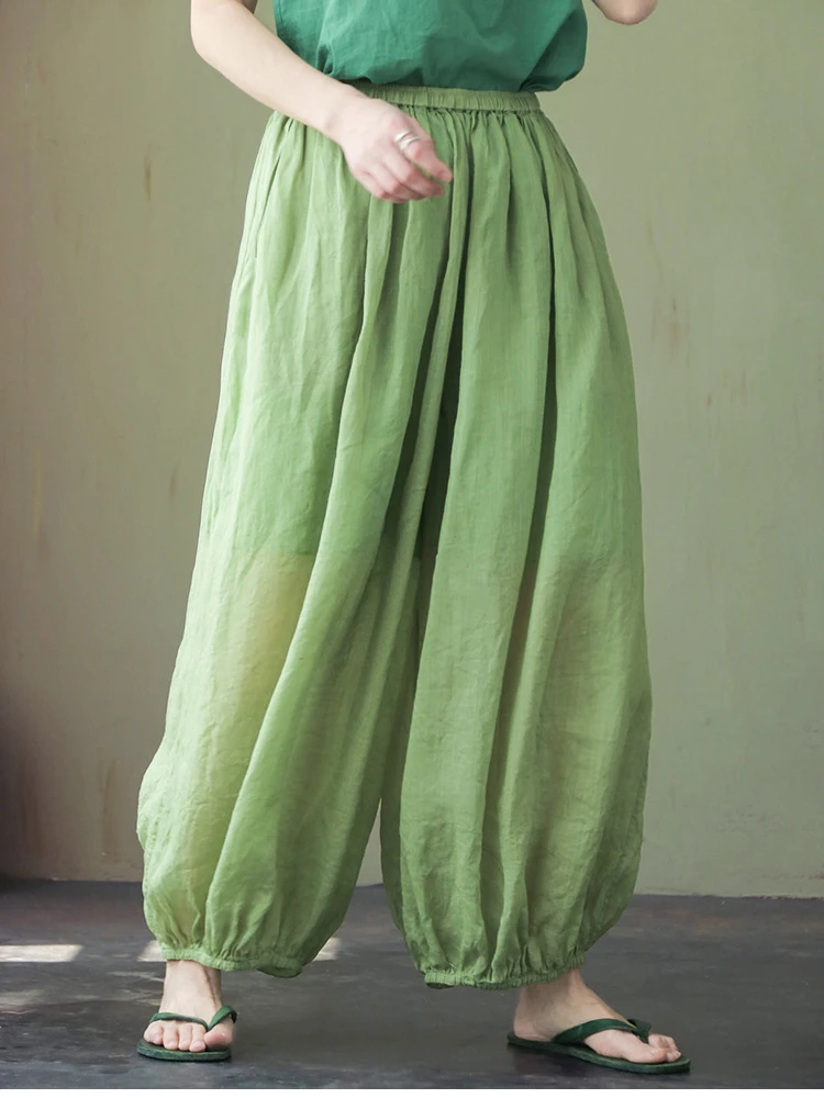 Literary Retro Pants Women Mid Waist Loose Ramie Belted Green Wide Leg Pants Casual Pants Nine Pants Sweatpants Women