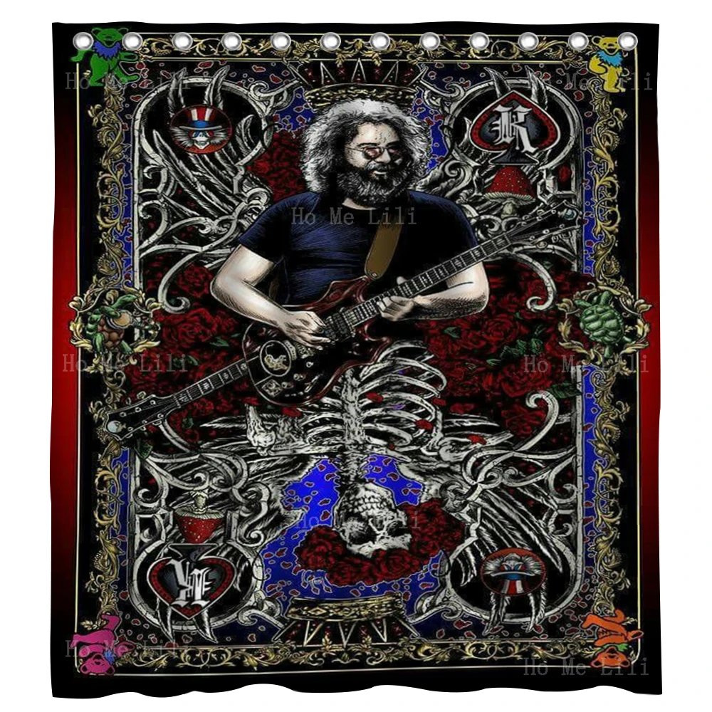 

Grateful Dead Jerry Card Guns N Roses Rock And Roll Floral Rose Crown Skeleton Skull Playing Guitar Shower Curtain