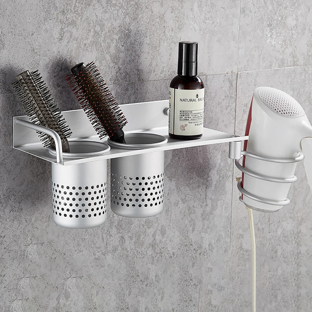 

1Pc Hair Dryer Rack with Basket Aluminium Wall Mounted Bathroom Storage Shelf Hair Comb Brush Plug Holder Bathroom Accessories