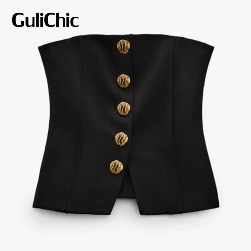 

4,27 GuliChic женский модный сексуальный облегающий однобортный Декорированный топ-труба