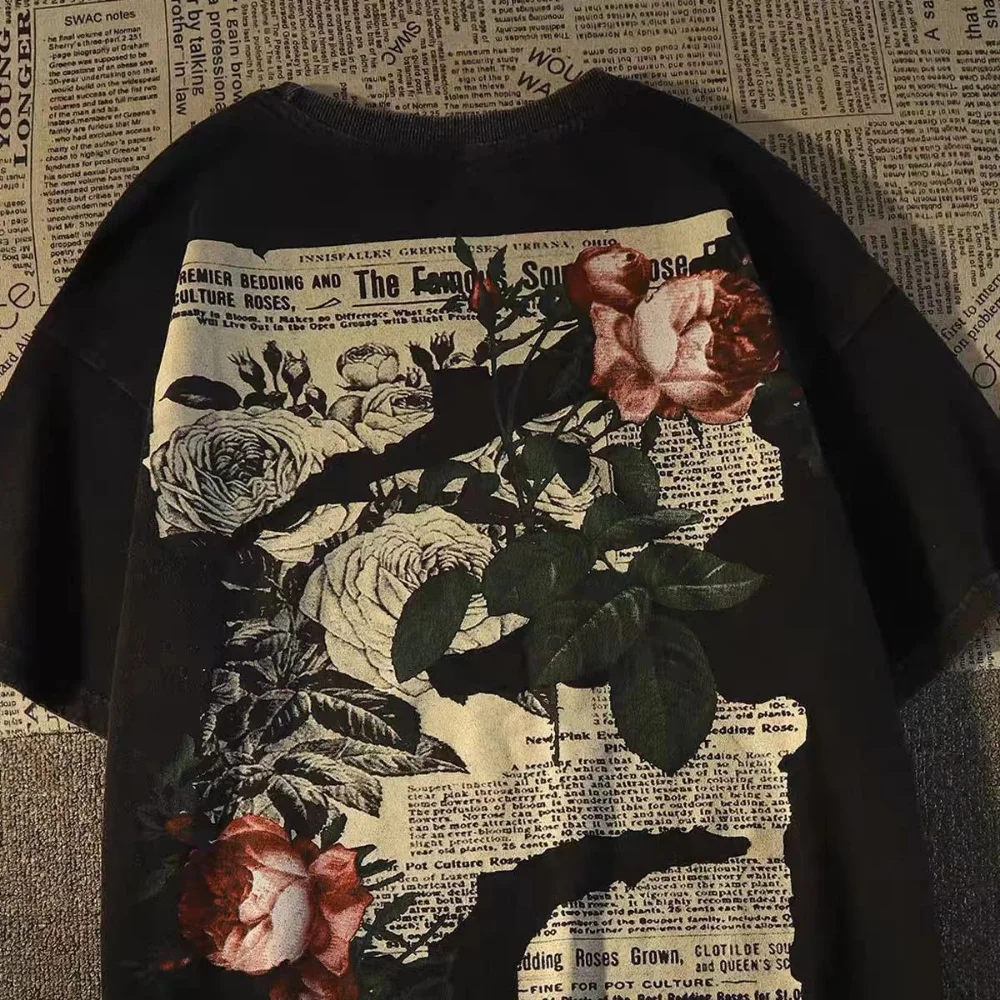 

American Retro Brand Flower Pattern T Shirts Summer Short Sleeve Cotton Tops Hip Hop Street Oversized O-neck Tees Rock Men Women