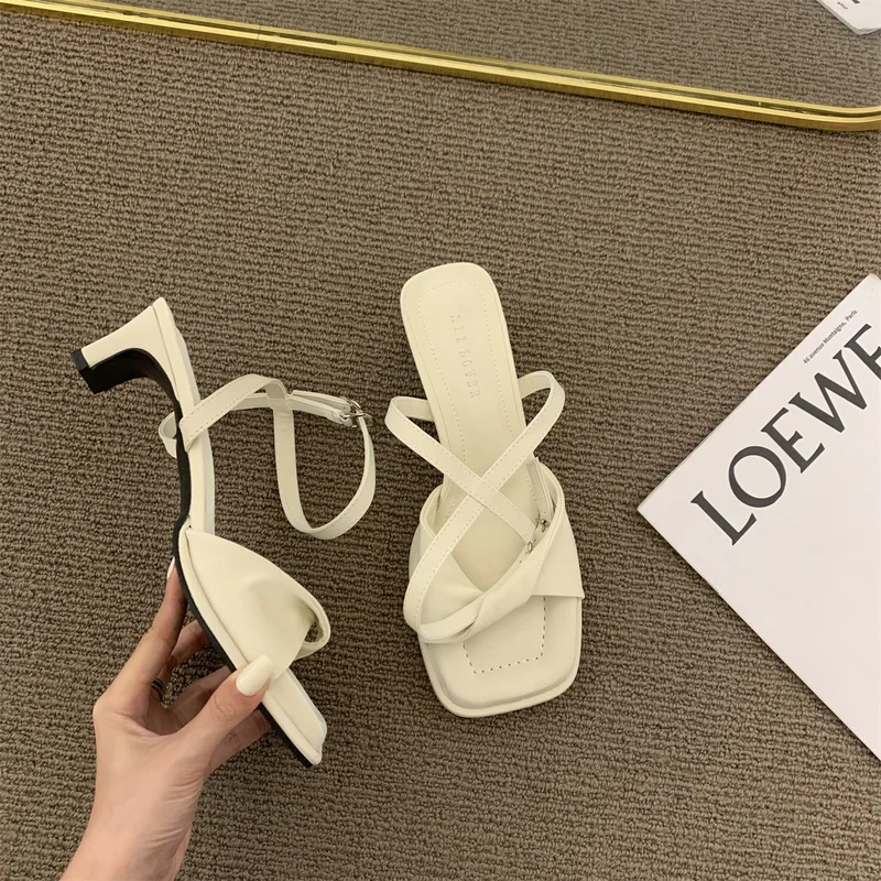 

2022 Women's Sandals Sexy Thick High Heels Buckle Candy Solid Color Casual Summer Footwear Ladies Shoes Party Sandals Women New