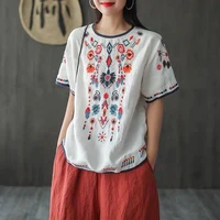 women spring summer retro cotton linen blouse chinese national style embroidery three quarter sleeve floral cheongsam shirts 4xl