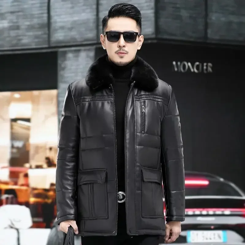 Мужской кожаный пуховик куртка средней длины из овчины натуральной кожи для папы