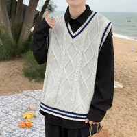 spring autumn knitted vest mens casual v neck sleeveless striped sweater mens fashion loose pullover vest korean style sweater