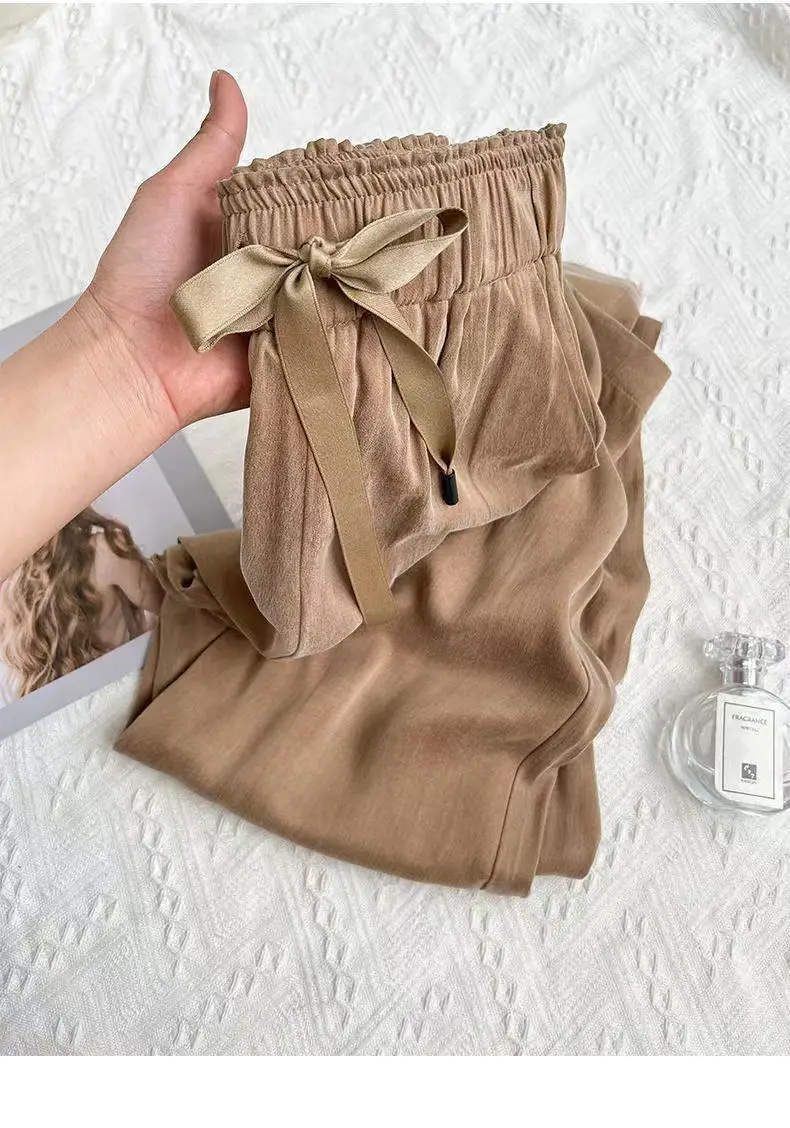 

Женские летние шелковые широкие брюки, драпированные шелковые гладкие длинные брюки с высокой талией, ацетатные шелковые атласные прямые брюки