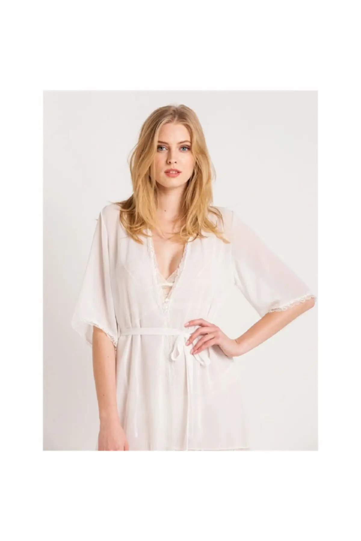 

Dressing Gown 32429 Chiffon Lace - Ecru Fashion Robe Robe Robe Sexy Peignoir Kimono Bride Sleepwear Night Gown