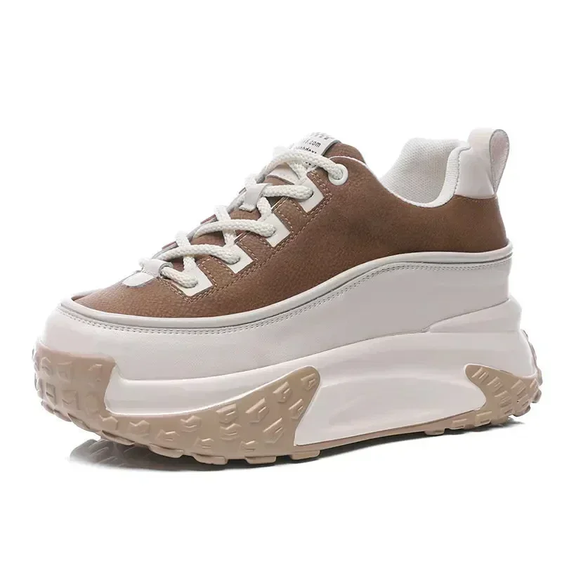 

New 7Cm Cow Genuine Leather Autumn Spring Winter Plush Warm Platform Wedge Hidden Heel Sneakers Chunky Women Mixed Color Shoes