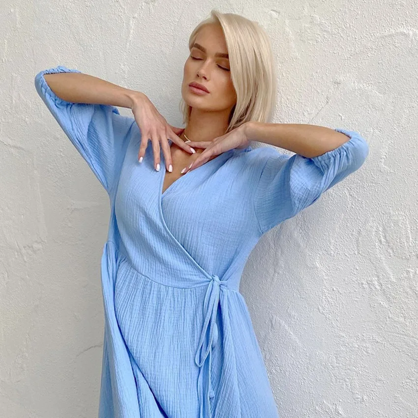 Летняя женская Трехцветная ночная рубашка из натурального хлопка с полурукавами