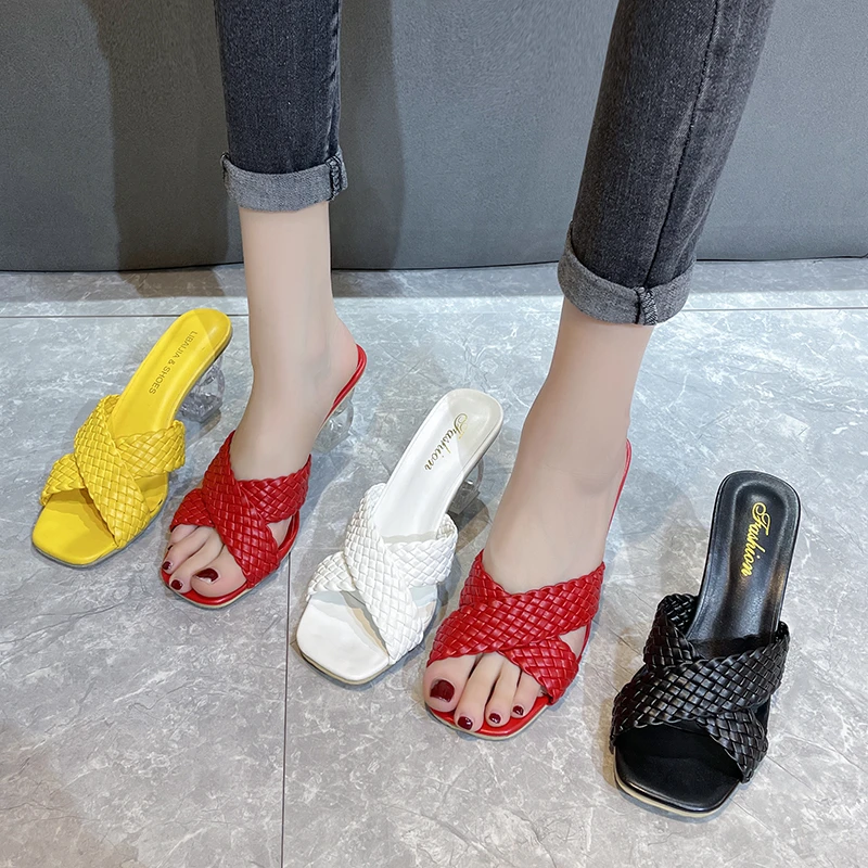 

Transparent Strange High Heels Sandals Women Summer 2022 Plus Size Weave Female Slippers Fashion Yellow Open Toe Slides