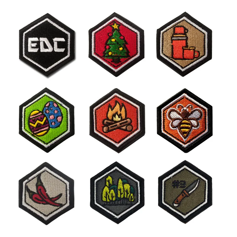 

20pcs/lot Luxury Embroidery Patch Hexagon Outdoor Forest Cup Bee Knife Bonfire Bag Clothing Decoration Sewing Accessory Applique