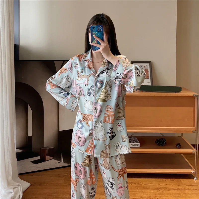 Fashionable and Cute Cat Pajamas Ice Silk Satin Homewear Long Sleeve Spring and Autumn Season Set Pajamas for Women
