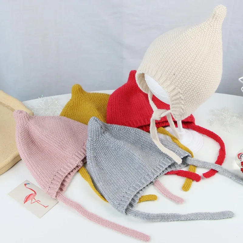 

Cute Baby Bonnet Hat Warm Knitted Kids Girl Boy Autumn Winter Hat Solid Color Lacing Children Toddler Beanie Cap