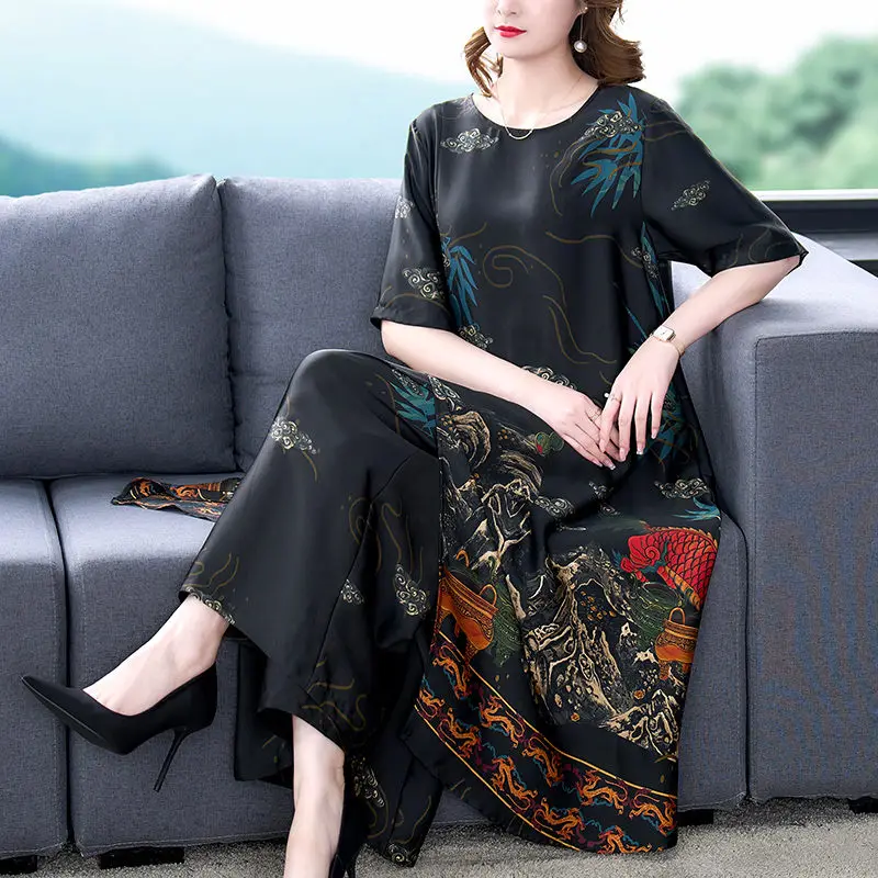 2022 Summer Ethnic Style Large Size Mulberry Silk Shirt Women Long Top Loose Wide Leg Pants Two Piece Vintage Printed Set h1904
