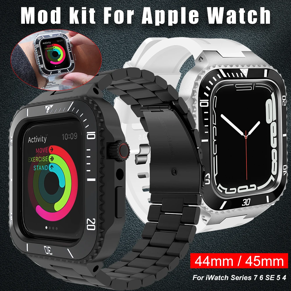 Modification Kit Metal Bezel Frame For iWatch 7 6 5 4 SE Steel  Strap & Rubber WatchBand For Apple Watch Case Band 7 45mm 44mm