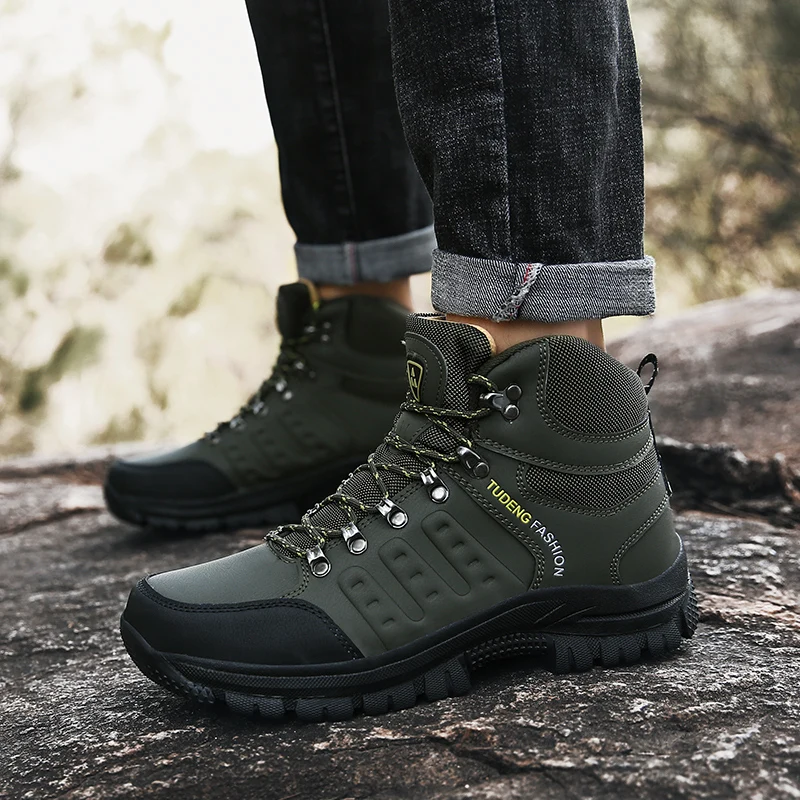 Green Leather Hiking Boots Men Waterproof Outdoor Sports Hiking Shoes Men Hunting Trekking Boots Autumn Winter Warm Snow Boots