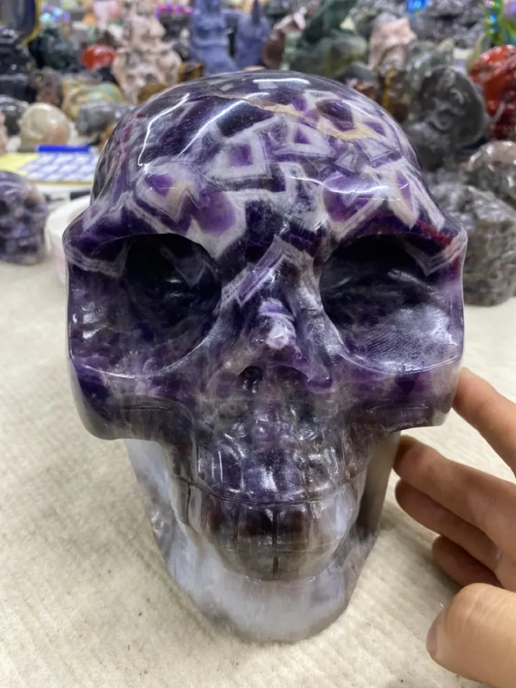 

Beautiful large natural fantasy amethyst hand carved polished skull 7.82kg