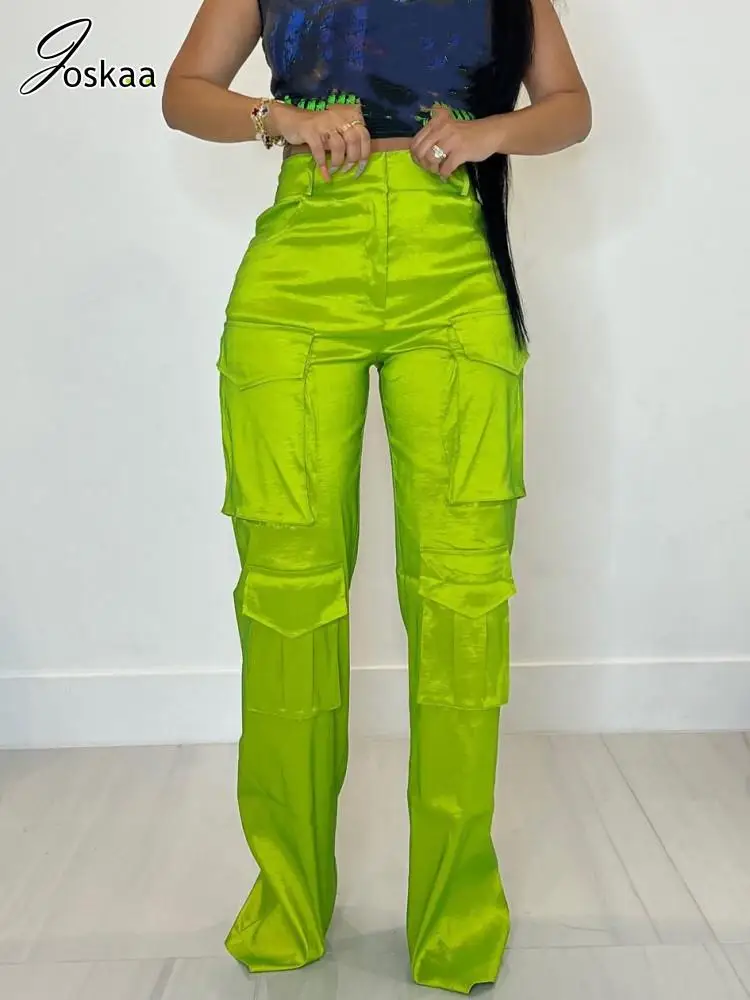 

Joskaa Solid Multi-Pockets Cargo Pants Women Hipster High Waisted Straight Leg Trousers Fall 2023 Female Bottoms Streetwear