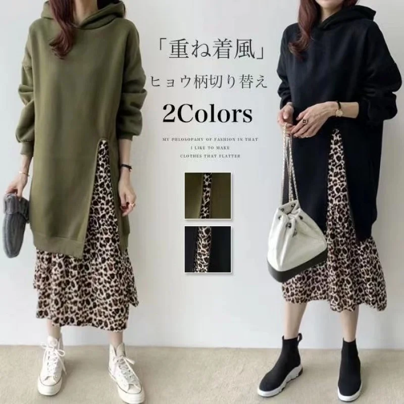 

Корейское шикарное осенне-зимнее платье с капюшоном и сшитым леопардовым принтом, имитация двух частей, Свободные повседневные стильные дл...