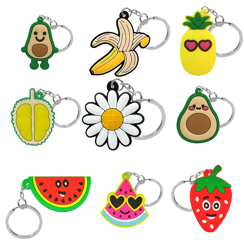 

20pcs PVC Keychain Cute Fruit Plant Series Cherry Watermelon Pineapple Keyring Custom Anime Key Chain Accessories Kids Toys Gift