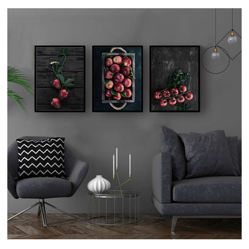 Картина на холсте черный фон красные фрукты плакаты и принты настенное искусство