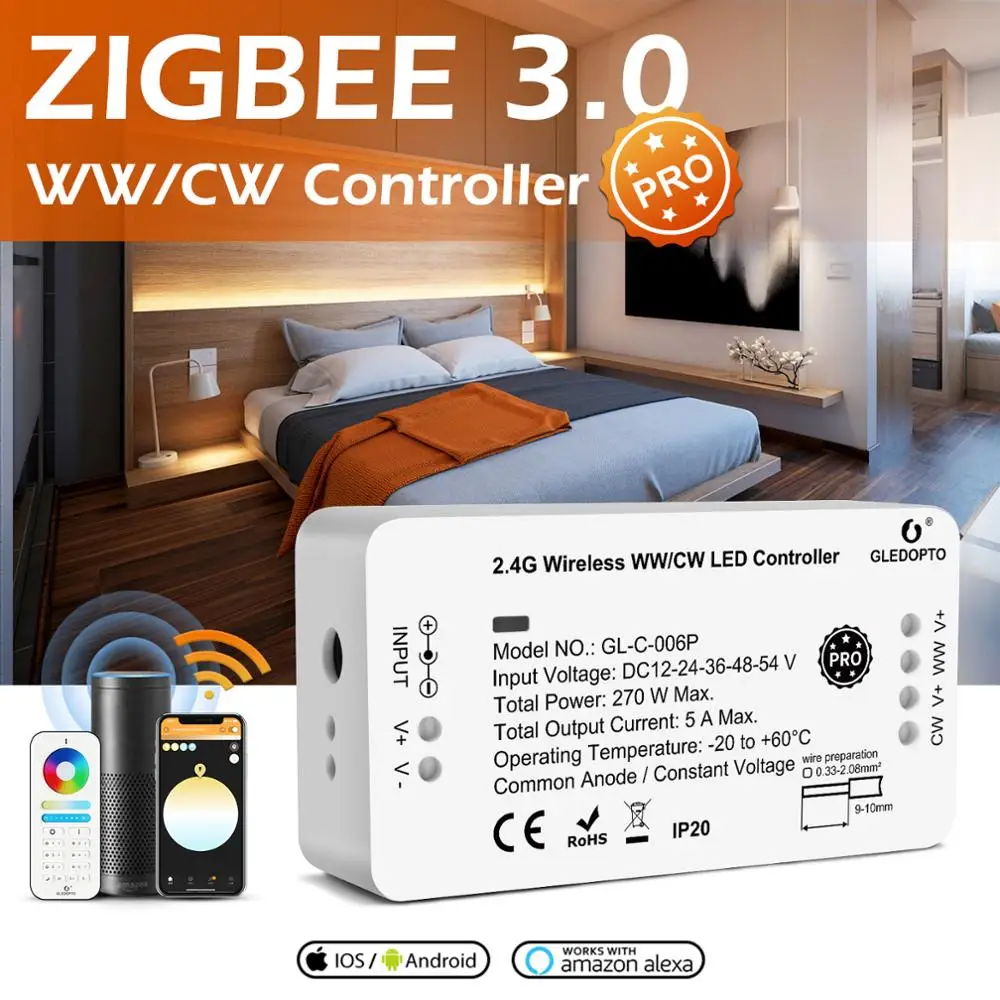 

Контроллер GLEDOPTO Zigbee 3,0 Smart Pro WW/CW с теплым и холодным белым светом, работает с приложением SmartThings Alexa Echo Plus 2,4G RF Remote