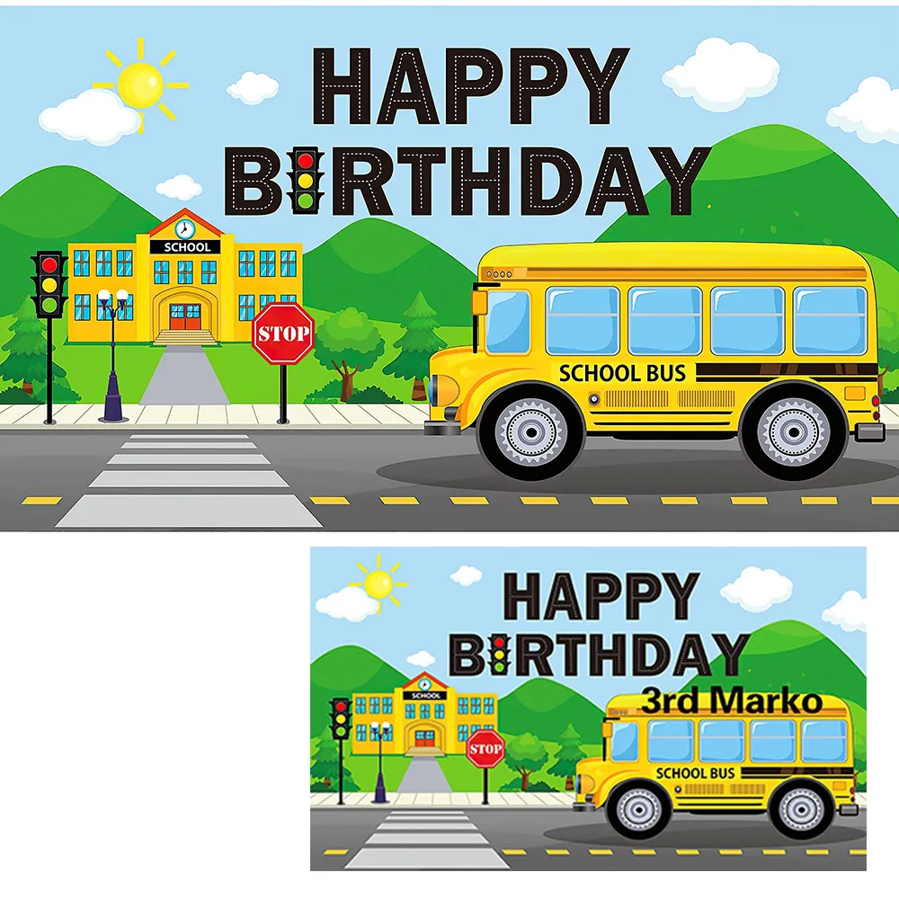 

Customized Birthday Party Backdrop Yellow Back to School Bus for Kids Child Preschool Table Cake Banner Photo Booth Kindergarten