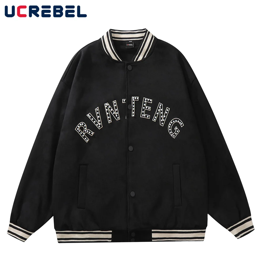 

Бейсбольная Куртка С Вышивкой Букв, Мужская Уличная одежда с украшением из жемчуга, верхняя одежда, осенняя уличная Свободная Повседневная ...