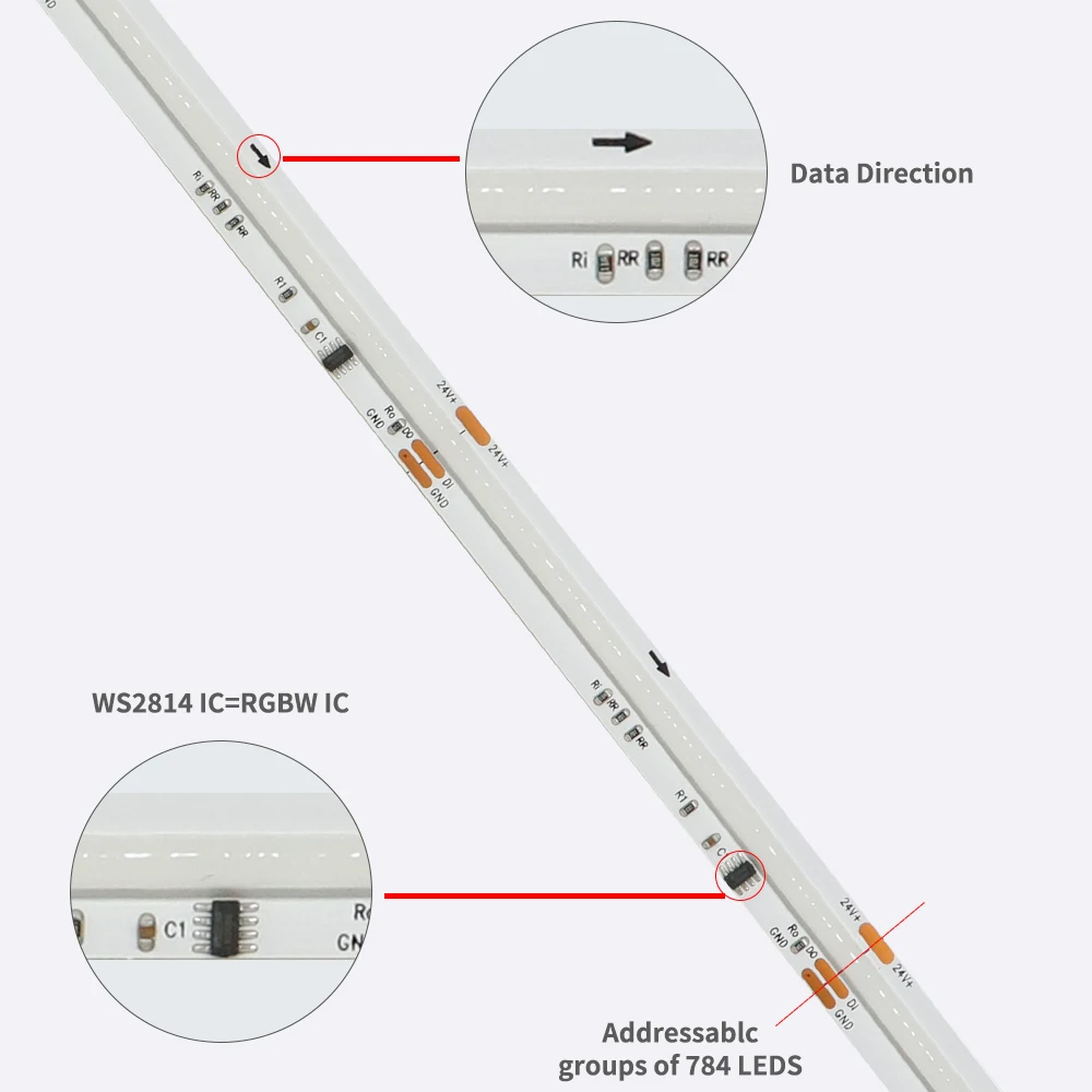 Фото Светодиодная лента COB DC24V WS2814, 784 светодиода/м, адресная, RGBW, RGBNW, RGBWW, гибкая, с эффектом «Dream Colors», FOB COB лента, RA90 №2