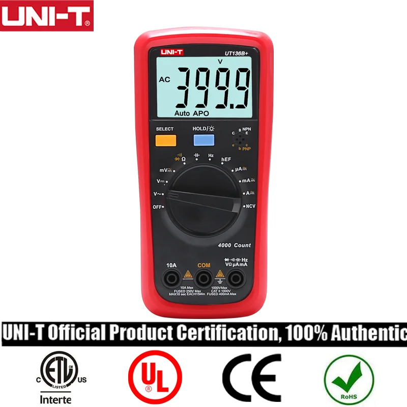 

UNI-T UT136B+ high precision digital multimeter AC and DC voltage and current ohm diode frequency automatic range
