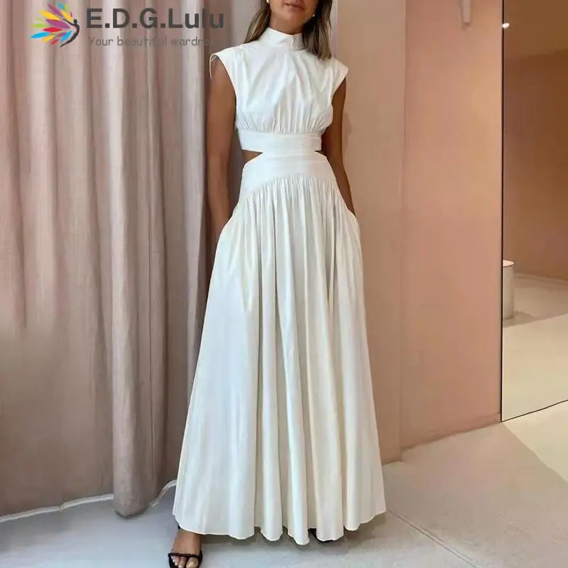 

EDGLuLu Vestidos Mujer Primavera Verano 2022 Stand Collar Sleeveless White Pink Dress Waist Hollow Design Loose Party Dress 0624