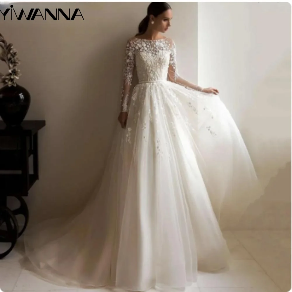 

Сдержанное свадебное платье с вырезом лодочкой и длинным рукавом, классическое кружевное платье с аппликацией для невесты, элегантное ТРАПЕЦИЕВИДНОЕ длинное свадебное платье, платье для невесты