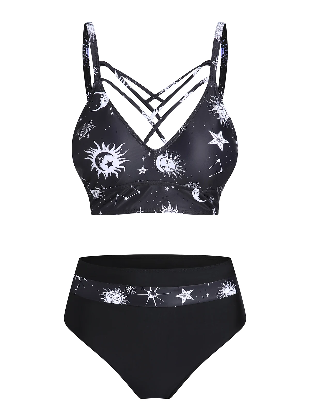 Gothic Sun Moon Star Print Tankini High Waisted Full Coverage Bikinis Set Crop Two Piece Swimsuit High Rise Swimwears