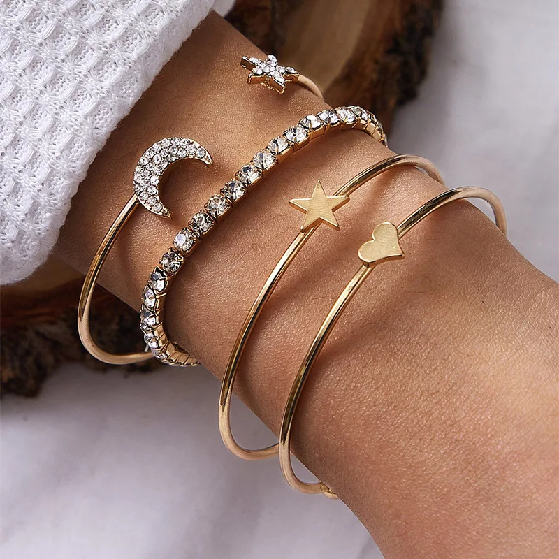

New 4pcs/set Star Moon Open Bracelet Personalized Creative Rhinestone Bracelet Temperament European Beauty Fashion Handwear