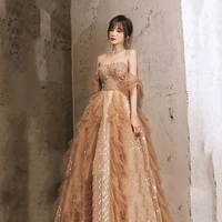 khaki off the shoulder evening dress sequined starry luxurious beaded backless floor length a line quinceanera gonws