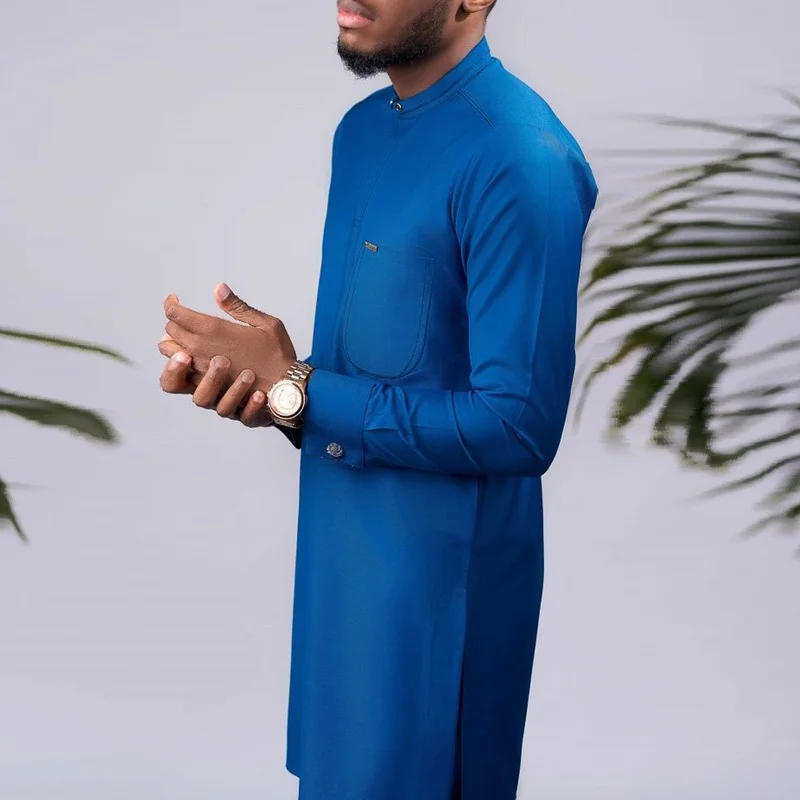 Muslim Fashion Men's Suit African Ethnic Style Large Size Solid Color Gentleman Long Sleeve Top Pants 2 Piece Set Kurta Shirt