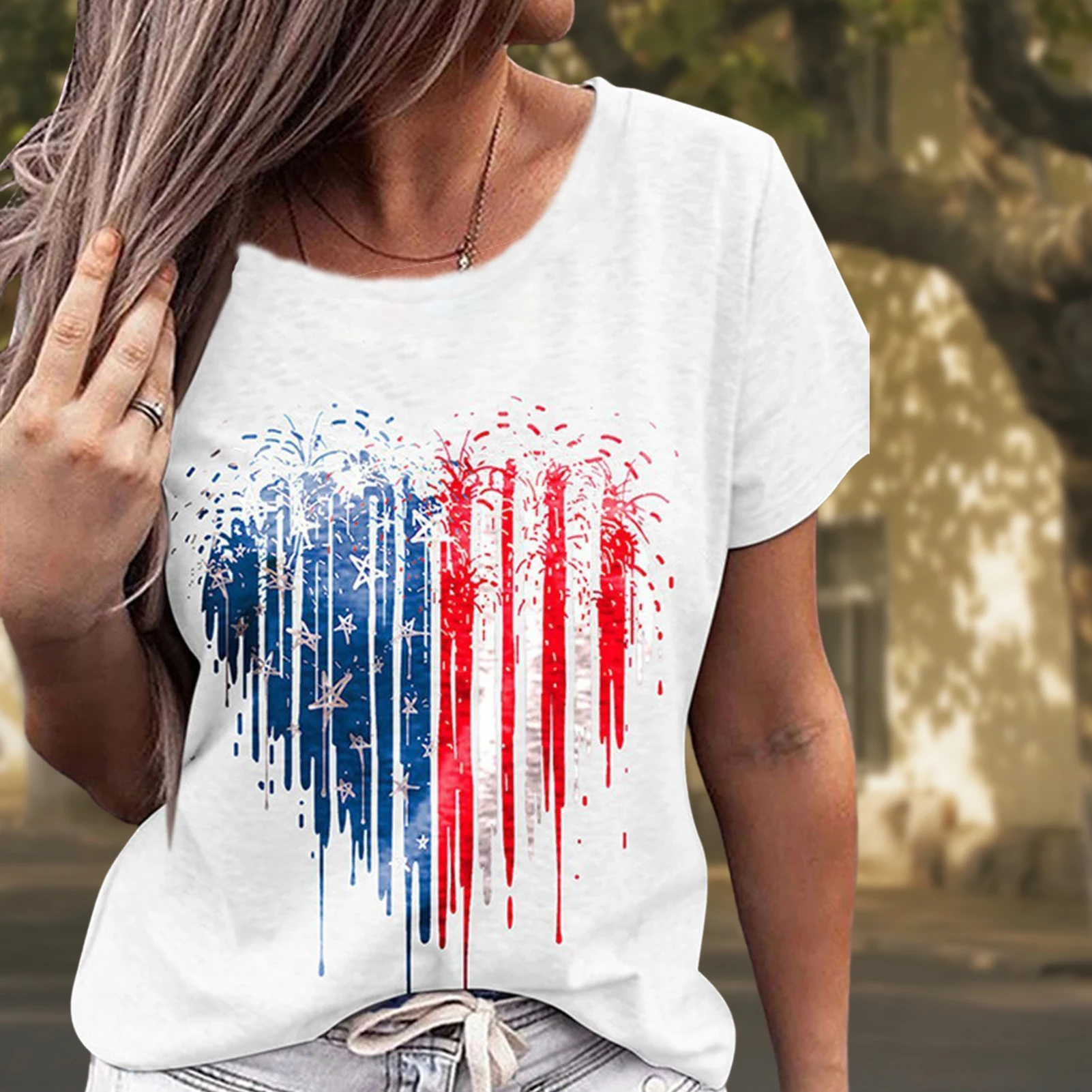 

Women Crew Neck Blouse Tee Independence Day 4th of July Loose T-shirt 2023 Streetwear T-Shirt New Star Stripes Tee Female Tops