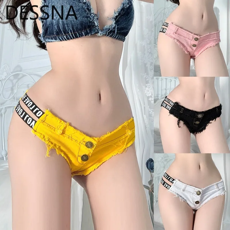

DESSNA New Women Sexy Low Waist Letter Bandage Denim Jeans Thong Ssuper Shorts Nightclub