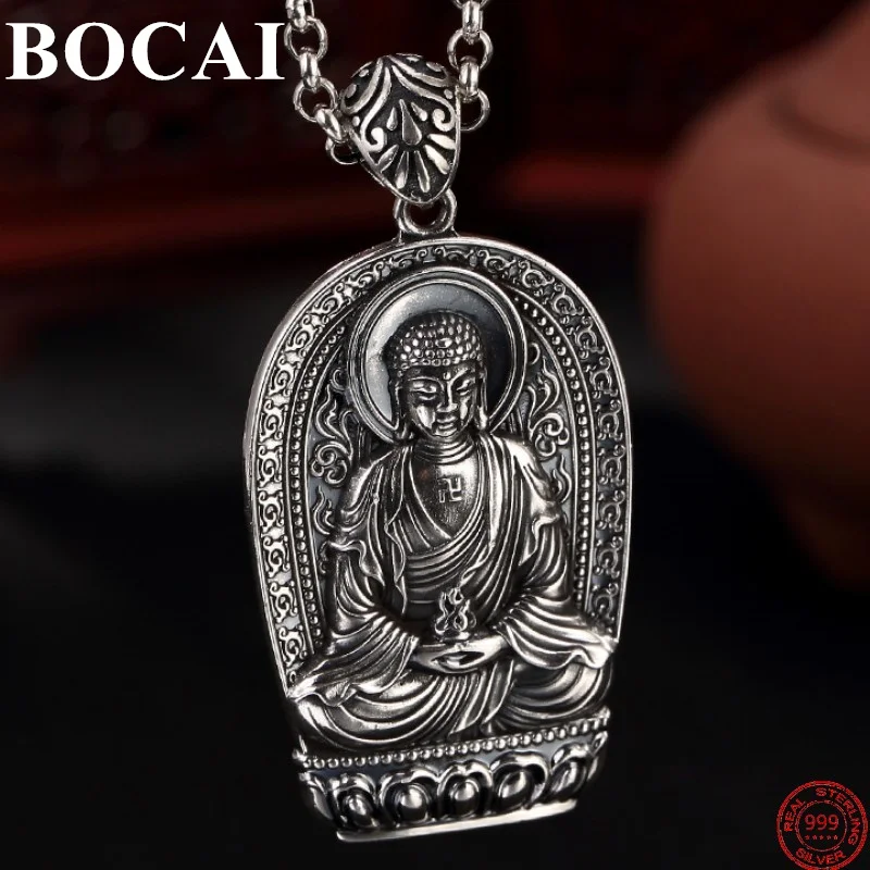 BOCAI S990 Sterling Silver Pendant for Men and Women Fashion Classic Amitabha Bodhisattva Pure Argentum Patron Saint Amulet
