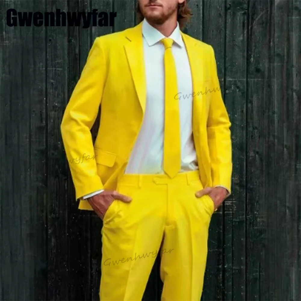

Костюм Gwenhwyfar, желтый, 2022, Свадебный мужской костюм, приталенный мужской смокинг, официальный костюм для выпускного вечера, мужская одежда на заказ (Блейзер + брюки)